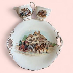 Vintage Royal Winton Grimwades cake plate with a matching creamer and sugar bow